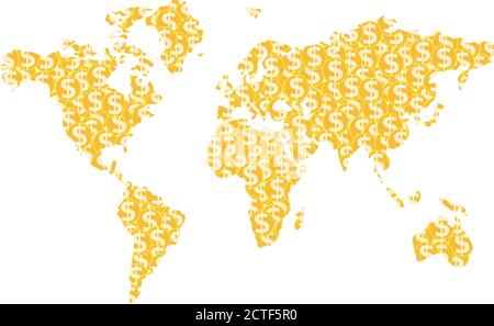 Silhouette della mappa del mondo creata da monete con simboli del dollaro Illustrazione Vettoriale