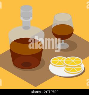 bottiglia isometrica 3d e verricello con acquavite. Bevande alcoliche e limoni. Illustrazione Vettoriale