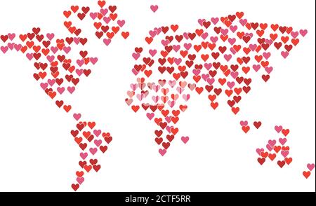 Mappa del mondo creata da cuori rossi. Isolato su bianco. Molti simboli d'amore, concetto romantico. Elemento di progettazione per cartellone o poster di San Valentino. Illustrazione Vettoriale