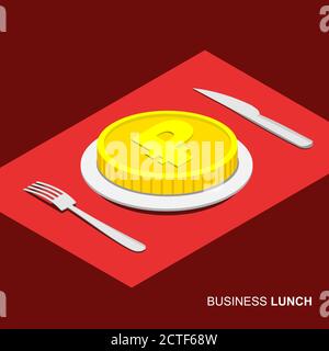 Infografica sul concetto di pranzo di lavoro. Moneta isometrica 3d con segno ruble sulla piastra isolata su sfondo bianco. Forchetta e coltello per posate. Illustrazione Vettoriale