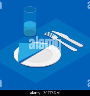 appuntamenti del tavolo isometrico 3d in blu. Coltello, forchetta, piatto con tovagliolo e un bicchiere d'acqua. Illustrazione Vettoriale