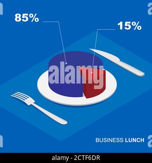 Infografica sul concetto di pranzo di lavoro. Grafico a torta 3d isometrico su piastra. Forchetta e coltello per posate su tovaglia blu. Illustrazione Vettoriale