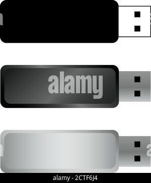 Unità flash USB, archiviazione dati portatile a colori. Modelli vettoriali per mock-up, con spazio libero per il branding aziendale o il testo. Nero, bianco e grigio Illustrazione Vettoriale