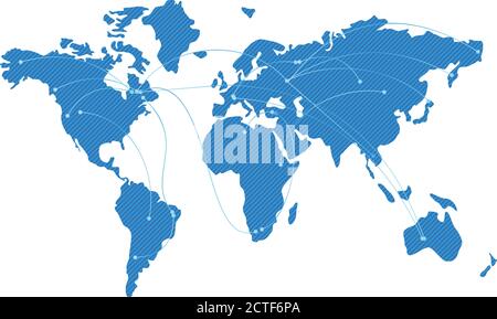 Mappa blu del mondo con traiettorie di volo. Lotto o archi, punti di collegamento. Concetto globale di viaggio aereo o aziendale. Isolato su sfondo bianco. Illustrazione Vettoriale