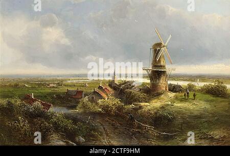 Kluyver Pieter Lodewijk - un mulino a vento in un vasto paesaggio - Scuola Olandese - XIX secolo Foto Stock