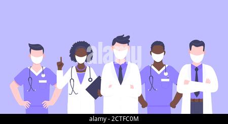 Team medico personale medico con maschere facciali vettore dipendente clinica illustrazione Illustrazione Vettoriale