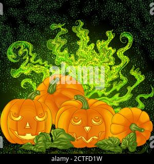Halloween sfondo design. Zucche di halloween spooky sullo sfondo magico nebbia. Illustrazione vettoriale Illustrazione Vettoriale