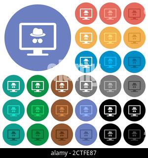 Monitor con simbolo in incognito icone piatte multicolore su sfondi rotondi. Incluse variazioni delle icone bianche, chiare e scure per il passaggio del mouse e lo stato attivo Illustrazione Vettoriale