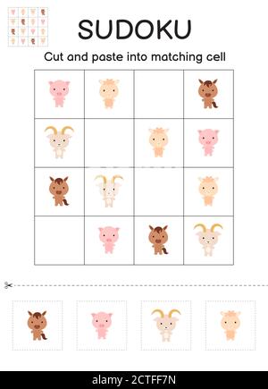 Gioco Sudoku per bambini con immagini. Foglio attività bambini. Gioco di corrispondenza per i bambini con animali da fattoria carino. Foglio di lavoro per lo sviluppo dell'istruzione. Logica Illustrazione Vettoriale