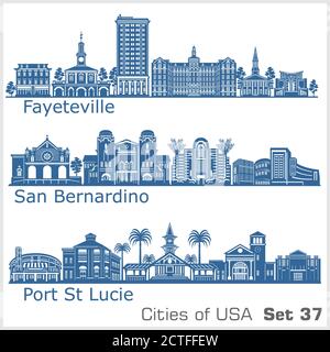 Città degli Stati Uniti - San Bernardino, Fayetville, Port St. Lucie. Architettura dettagliata. Illustrazione vettoriale alla moda. Illustrazione Vettoriale