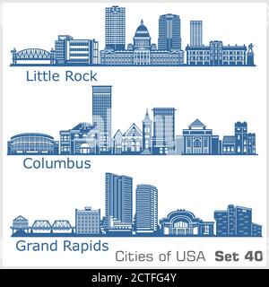 Città degli Stati Uniti - Grand Rapids, Columbus, Little Rock. Architettura dettagliata. Illustrazione vettoriale alla moda. Illustrazione Vettoriale