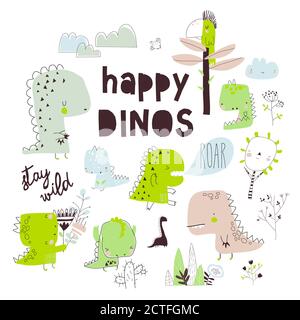 Carino dinosauri cartoni animati isolati su sfondo bianco Illustrazione Vettoriale