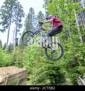 Sessione di salto di giovani professionisti della mountain bike in un bike park in foresta Foto Stock