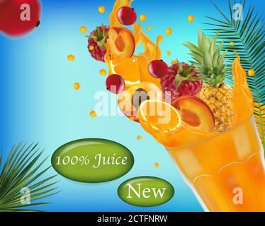 Succo dolce multivitaminico. Un tuffo di succo sulla frutta. Ananas realistico, lampone, albicocca, ribes rosso, arancio. Illustrazione per il vostro poster, banner, prodotto naturale. Illustrazione vettoriale. Illustrazione Vettoriale