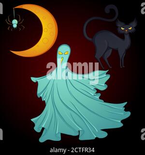 Vettore impostato per Halloween luna, fantasma, gatto Illustrazione Vettoriale