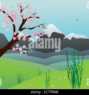 Paesaggio con colline, erba e un albero fiorito. Il cielo è blu. Nel cielo ci sono uccelli che volano. Illustrazione Vettoriale