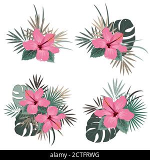 Set di composizioni vettoriali di bouquet con fiori di ibisco rosa e mazzi di foglie di palma, illustrazione vettoriale piatta. Tropicale piante esotiche Hawaii isolato Illustrazione Vettoriale