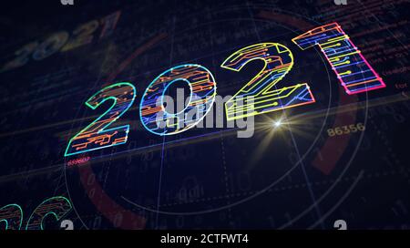 creazione di un progetto con un numero di 2021 anni. Illustrazione 3d del concetto astratto. Disegno di una linea di schema digitale. Foto Stock