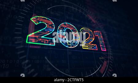 creazione di un progetto con un numero di 2021 anni. Illustrazione 3d del concetto astratto. Disegno di una linea di schema digitale. Foto Stock