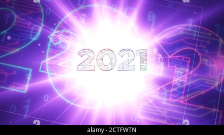 creazione di un progetto con un numero di 2021 anni. Illustrazione 3d del concetto astratto. Disegno di una linea di schema digitale. Foto Stock