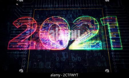 creazione di un progetto con un numero di 2021 anni. Illustrazione 3d del concetto astratto. Disegno di una linea di schema digitale. Foto Stock