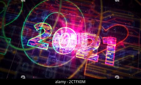 creazione di un progetto con un numero di 2021 anni. Illustrazione 3d del concetto astratto. Disegno di una linea di schema digitale. Foto Stock