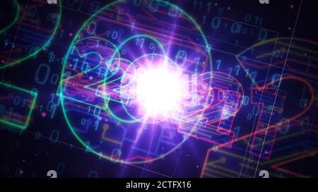creazione di un progetto con un numero di 2021 anni. Illustrazione 3d del concetto astratto. Disegno di una linea di schema digitale. Foto Stock