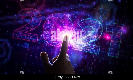 creazione di un progetto con un numero di 2021 anni. Illustrazione 3d del concetto astratto. Disegno di una linea di schema digitale. Foto Stock