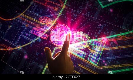 creazione di un progetto con un numero di 2021 anni. Illustrazione 3d del concetto astratto. Disegno di una linea di schema digitale. Foto Stock