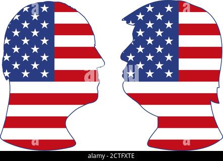 USA, anno 2020 - elezioni presidenziali, candidati ritratto silhouette illustrazione con bandiera USA, immagine vettoriale Illustrazione Vettoriale