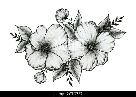 bouquet vintage di fiori isolati su fiori bianchi, neri e bianchi e foglie, inchiostro disegno a mano illustrazione floreale per le carte, l'invito o il matrimonio Foto Stock
