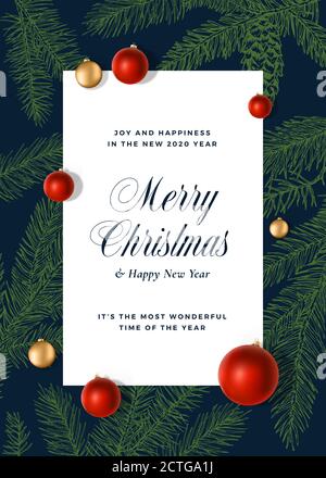 Biglietto d'auguri, poster o informazioni sulle festività per il vettore astratto di Natale e Capodanno. Sketch Fir-Needles con Strobile. Colori vivaci Toy realistico Illustrazione Vettoriale