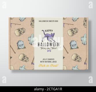 Halloween dolci modello scatola di cartone realistico con banner. Disegno o etichetta astratta del packaging vettoriale. Hand Drawed Ghost, Scul, Tomba, Scitio, Cat Illustrazione Vettoriale