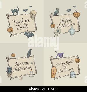 Set di modelli di banner vettoriali Happy Halloween Trick o Treat. Sfondo di carta a scorrimento disegnata a mano con illustrazioni di schizzo per le festività. Rustico decorativo Illustrazione Vettoriale