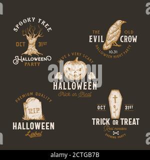 Set di modelli di etichette o loghi Halloween vintage. Collezione di simboli per lo schizzo di un coffino, un albero spotoso, un zucca, una pietra tombale, un corvo o un raveno Illustrazione Vettoriale
