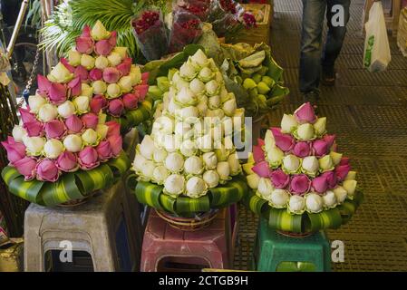 Fiori di loto nel mercato centrale di Phnom Penh, Cambogia Foto Stock