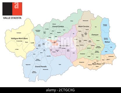 Mappa amministrativa vettoriale della regione autonoma italiana della Valle d'Aosta con bandiera, Italia Illustrazione Vettoriale