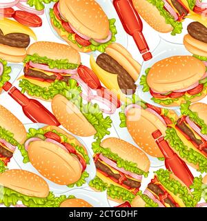 Modello vettoriale senza cuciture con hamburger e salsa. Modello di cibo veloce. Cucina americana. Elementi di progettazione alimentare, per le imprese legate all'industria alimentare isolati su sfondo bianco Illustrazione Vettoriale