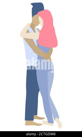 Coppia innamorata. Donna e uomo si levano in piedi e si abbracciano durante la riunione. Coppia romantica. Illustrazione vettoriale. Isolato su sfondo bianco. Illustrazione Vettoriale