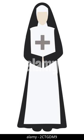 Sorella della misericordia. Nun in nero. Stile piatto. Illustrazione vettoriale. Isolato su sfondo bianco Illustrazione Vettoriale