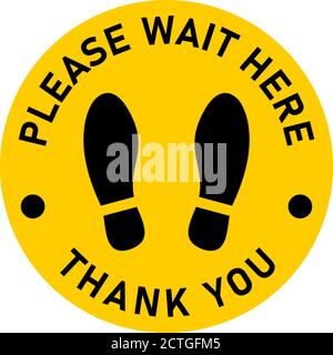 Attenda qui grazie adesivo di marcatura del pavimento di distanza sociale nero e giallo con icone di testo e Shoeprint per la linea della coda. Immagine vettoriale. Illustrazione Vettoriale