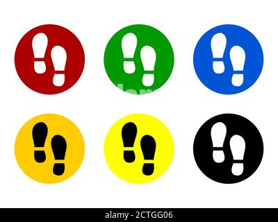 Set di icone adesive per marcatura a pavimento rotondo con colori diversi e impronta o impronta per la distanza sociale alla coda. Immagine vettoriale. Illustrazione Vettoriale