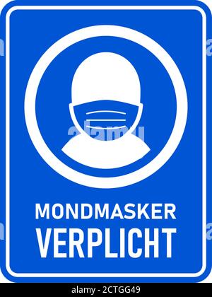 Mondmasker Verplicht ('indossare una maschera facciale è obbligatorio' in olandese) segno di istruzioni verticale rettangolare con un rapporto di aspetto di 3:4. Immagine vettoriale. Illustrazione Vettoriale