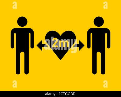 Mantenere una distanza di sicurezza di 2 m o 2 metri icona Social Distancing con il simbolo del cuore. Immagine vettoriale. Illustrazione Vettoriale