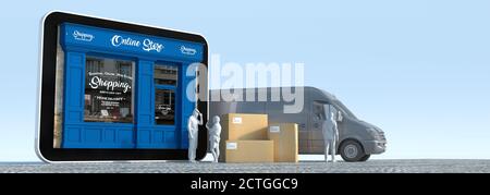 Rendering 3D di un tablet con una boutique, un furgone con scatole e deliverymen Foto Stock