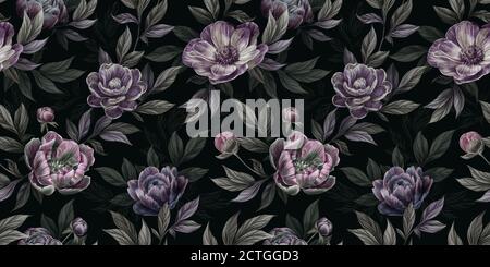 Motivo grafico floreale senza cuciture con peonie vintage, foglie e altri fiori. Illustrazione disegnata a mano. Carte da valet dal design glamour, tessuto Foto Stock