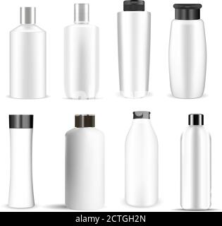 Set di mockup per bottiglie cosmetiche bianche. Confezioni di diverse forme per shampoo, gel doccia, lozione, maschera per capelli, balsamo con tappi bianchi e neri. Vettore EPS i Illustrazione Vettoriale