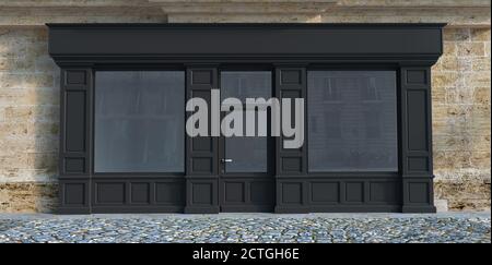 Rendering 3D di una façade tradizionale con legno grigio scuro. Foto Stock