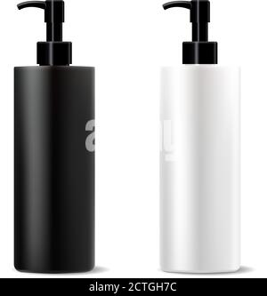 Flacone dispenser di detergente bianco largo. Modello di progettazione di pacchetti cosmetici di alta qualità. Illustrazione vettoriale. Balsamo shampoo evidenziare l'activatin Illustrazione Vettoriale
