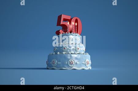 Rendering 3D di una grande torta di compleanno blu con un gran numero cinquanta in cima Foto Stock